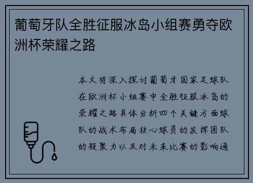 葡萄牙队全胜征服冰岛小组赛勇夺欧洲杯荣耀之路